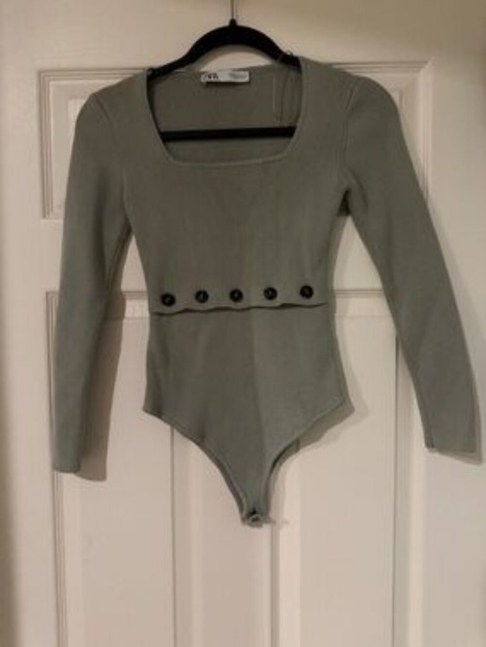 Pale Sage Ribbed Long-Sleeve Bodysuit with Black Buttons